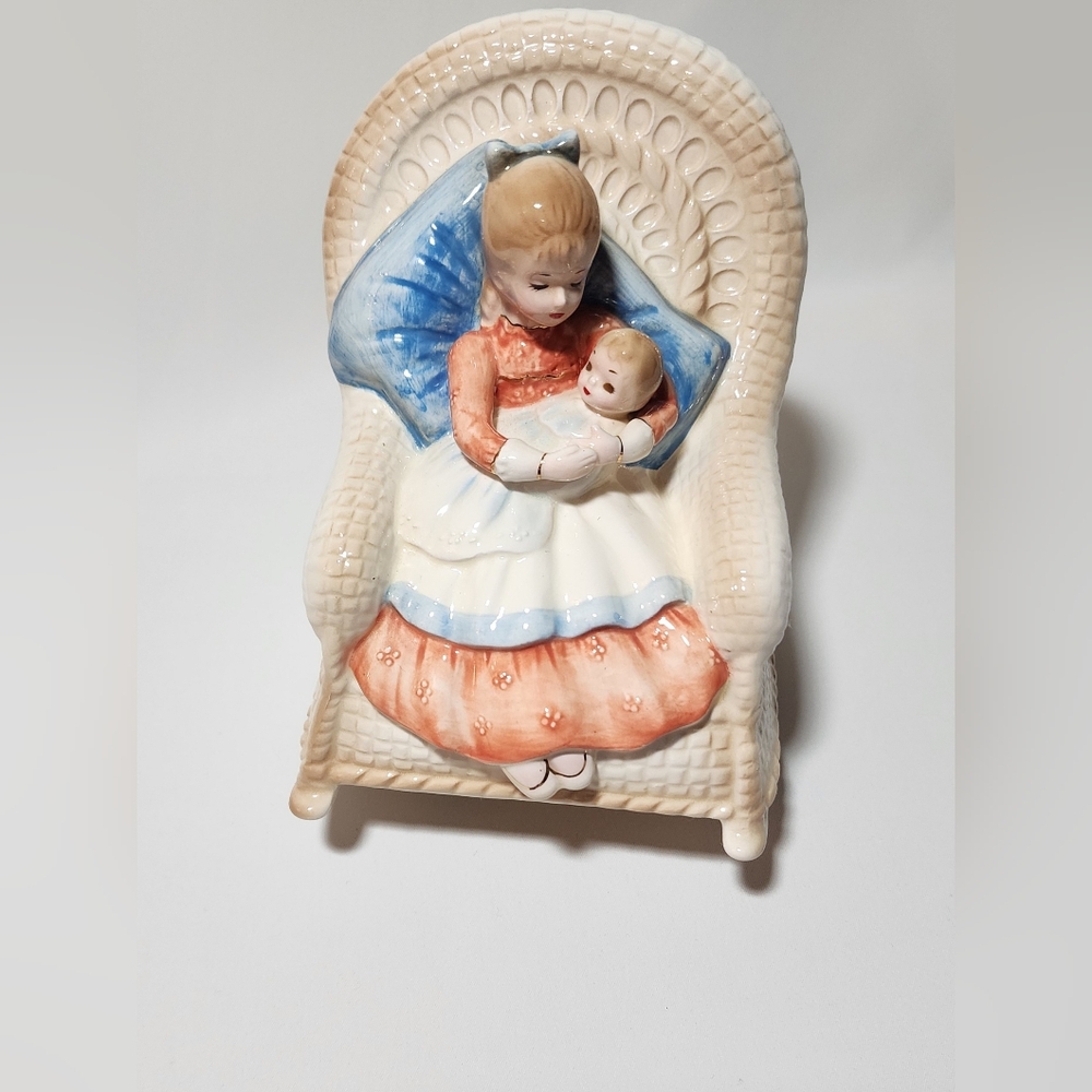 Vintage Josef Originals Musical Figurine Girl with Baby in Rocking Chair 50s 60s